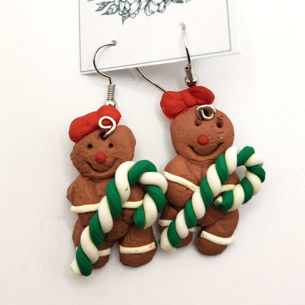 Handmade Jewelry Holiday Clay Gingerbread Woman w Green Candycane Earrings, New